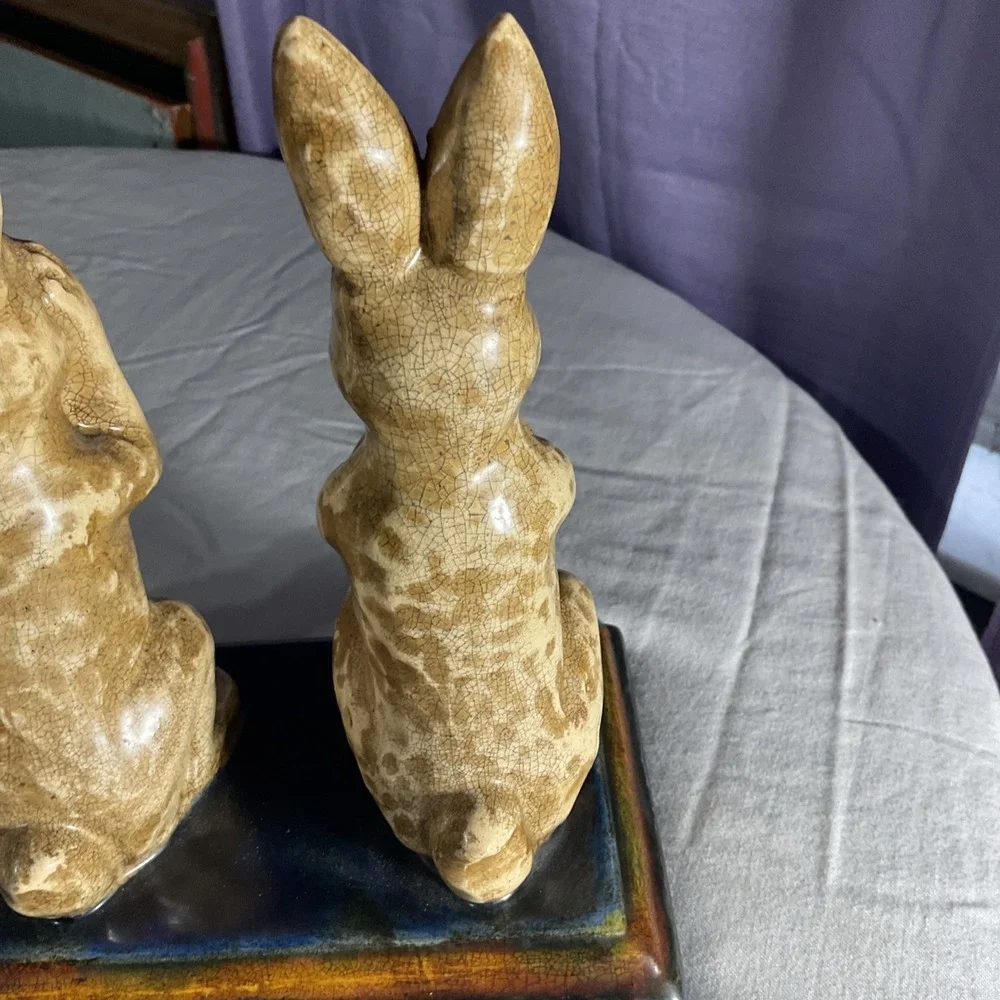 Three Wise Hares Rabbit Statue Bunny Heavy Ceramic Hear Speak See‎ No Evil